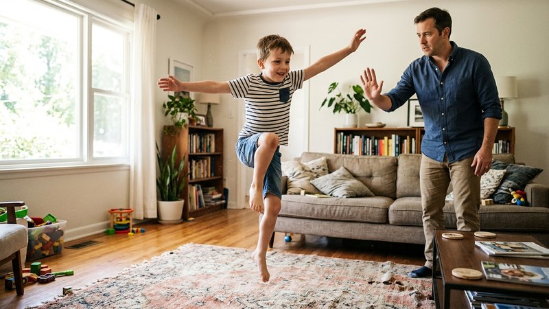 Un niño completamente congelado en mitad de un salto, con un pie en el aire y los brazos extendidos, en el salón de casa