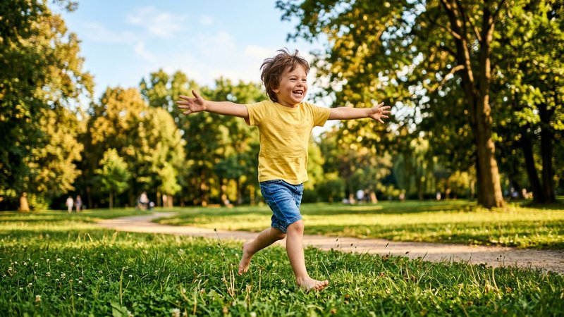 Un niño corriendo con los brazos abiertos por el césped de un parque soleado, con la cara iluminada de alegría y liberta