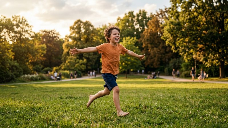 Un niño corriendo por el césped de un parque bajo el sol de la tarde, descargando energía con los brazos abiertos y una