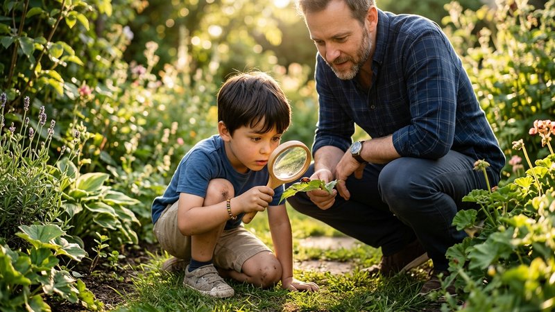 Un niño muy curioso observando un insecto con una lupa en el jardín, agachado y absorto, mientras su padre lo acompaña e