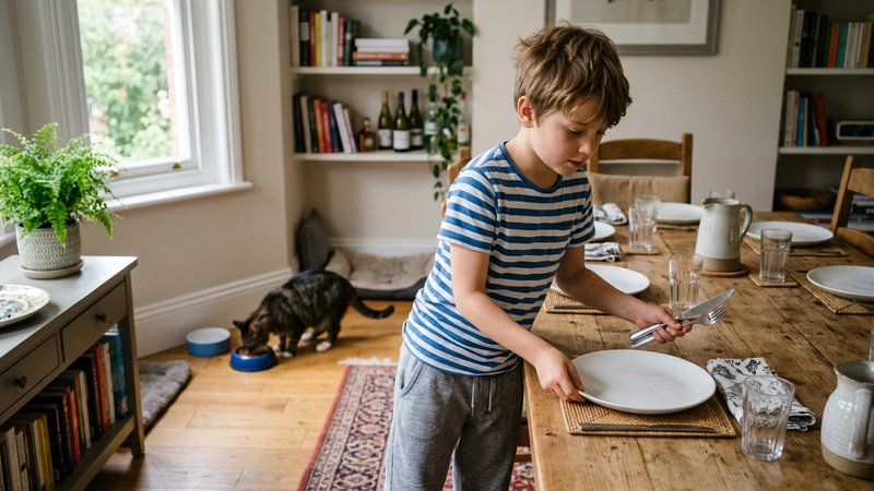 Un niño de diez años colocando platos y cubiertos en la mesa del comedor antes de comer, mientras un gato come de su cue