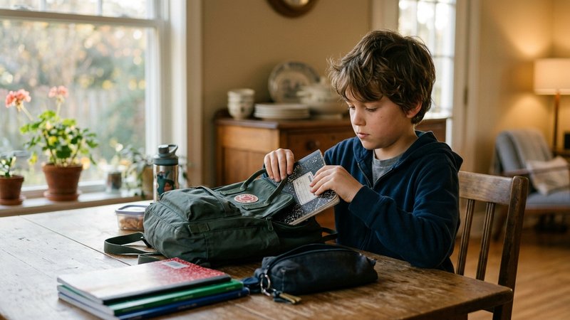 Un niño de diez años preparando su mochila escolar sobre la mesa del comedor, colocando cuadernos y un estuche dentro, c