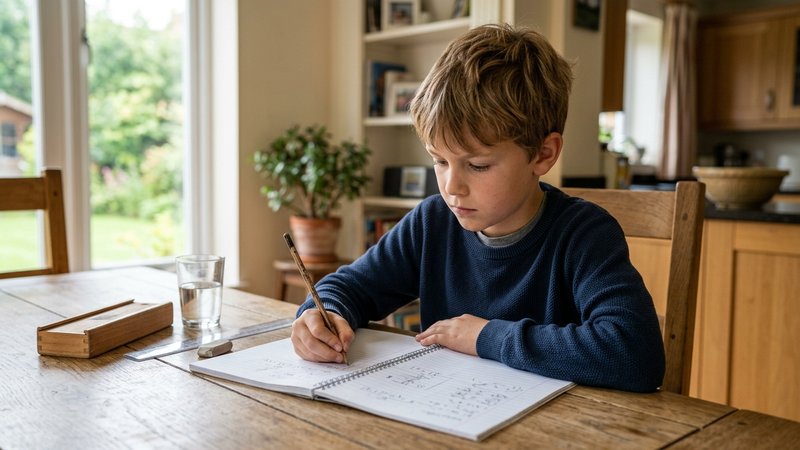 Un niño de diez años sentado a la mesa del comedor volviendo a intentar un ejercicio con gesto de determinación tranquil