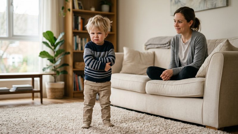 Un niño de dos años de pie en el salón diciendo que no con la cabeza y los brazos pegados al cuerpo, con expresión decid