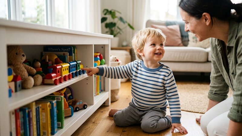 Un niño de dos años señalando con el dedo índice un juguete sobre una estantería baja, mirando a su madre con expectació