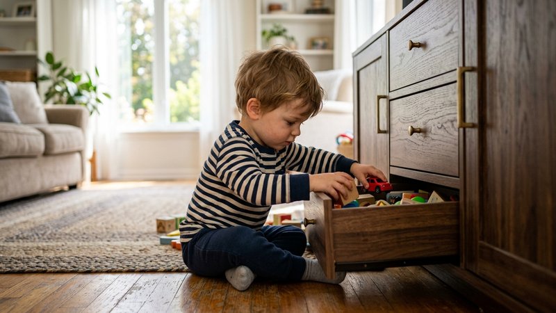 Un niño de dos años sentado en el suelo abriendo el cajón bajo de un mueble del salón y sacando objetos con las dos mano