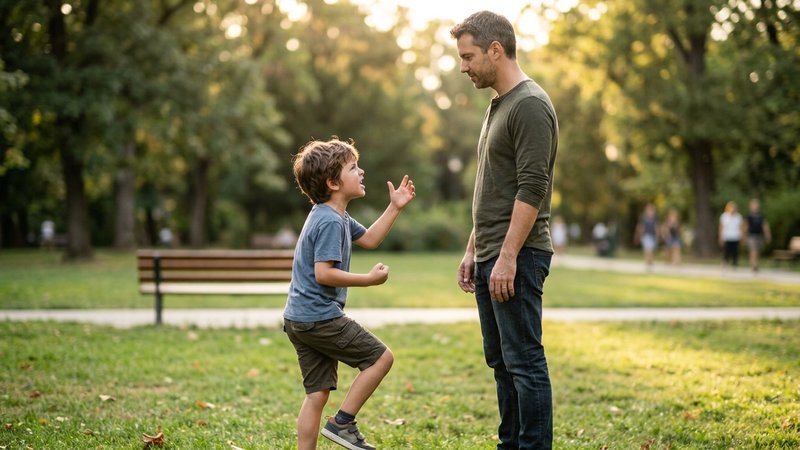Un niño enfadado gesticulando frente a su padre, que permanece completamente sereno con los brazos relajados a los costa