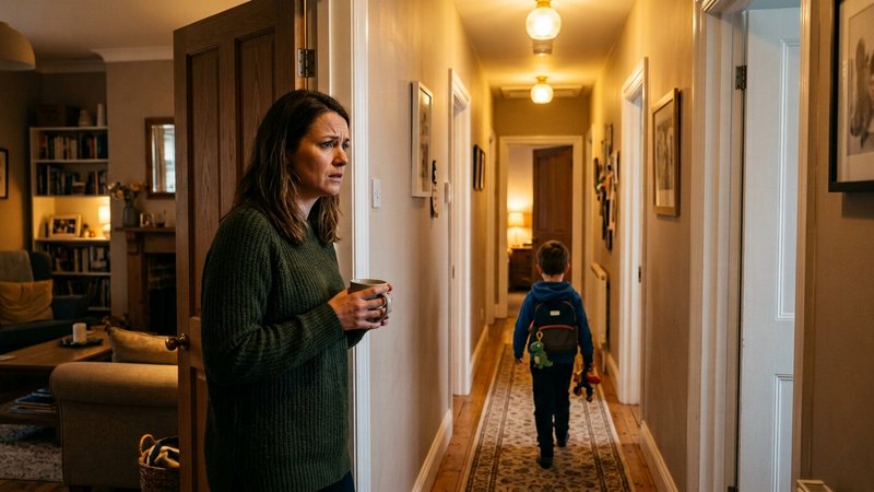 Un niño de espaldas alejándose por el pasillo de casa hacia su habitación, mientras su madre lo observa desde el salón c
