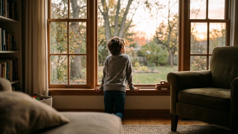 Un niño de espaldas en el salón mirando por la ventana con expresión pensativa, después de una discusión que no llegó a