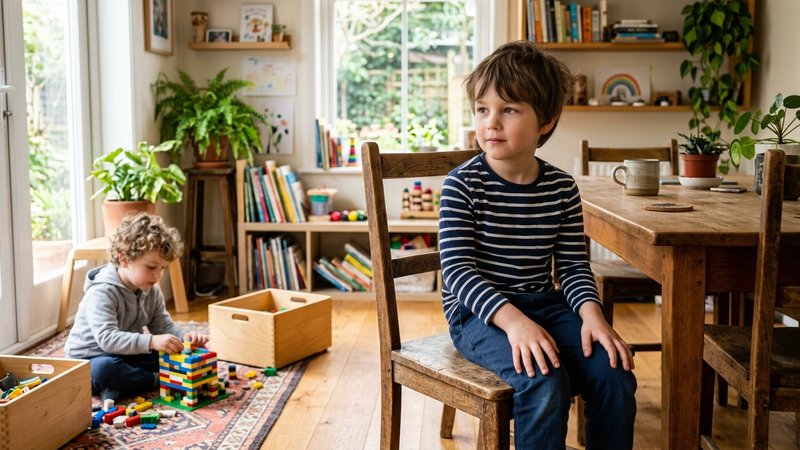 Un niño esperando su turno sentado en una silla del comedor, con las manos sobre las rodillas y expresión paciente, mien