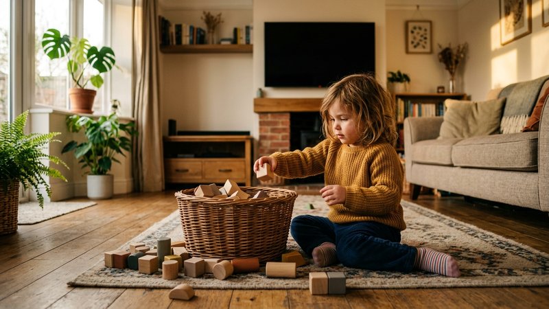Un niño guardando bloques de madera en una cesta de mimbre en el salón, mientras la televisión permanece apagada al fond