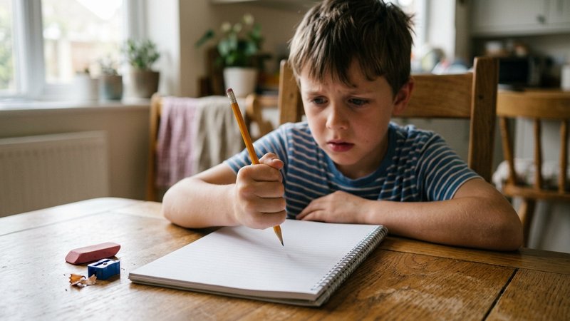 Un niño con el lápiz suspendido sobre un cuaderno en blanco, la mano tensa y el rostro con expresión de miedo a equivoca