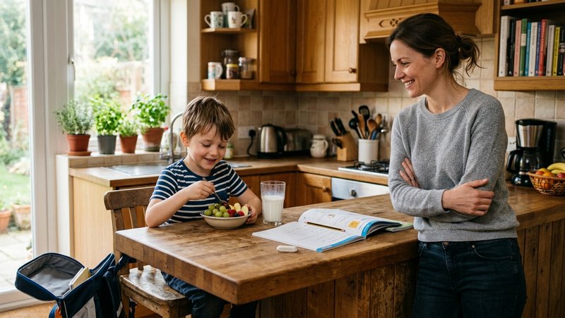 Un niño merendando fruta y un vaso de leche en la cocina antes de ponerse a estudiar, tranquilo, con su madre apoyada en