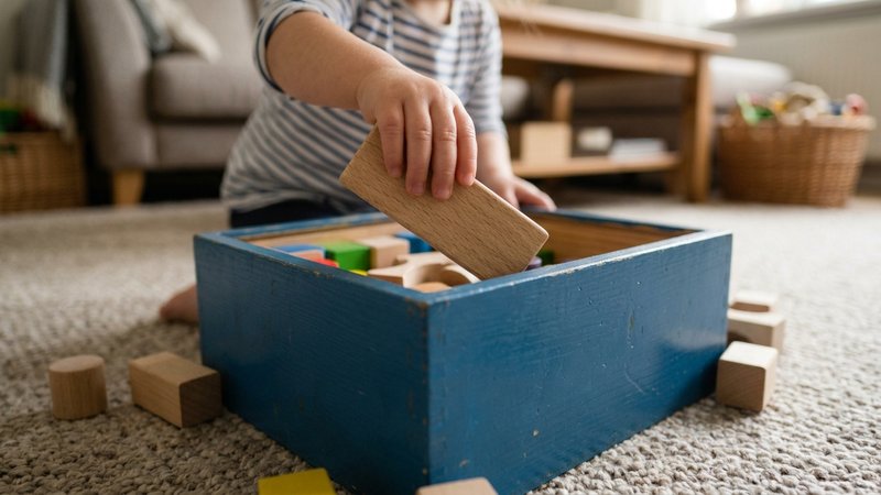 Un niño metiendo bloques de madera dentro de una caja azul en el suelo del salón, concentrado en la tarea