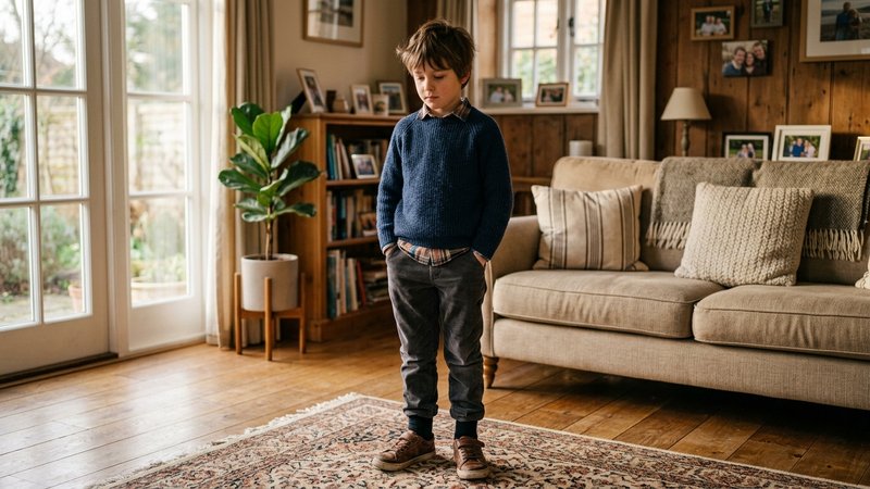 Un niño de nueve años escondiendo las manos en los bolsillos del pantalón, de pie en el salón con la mirada algo baja