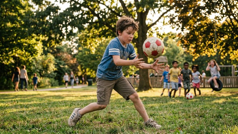 Un niño de nueve años intentando atrapar un balón en un parque con gesto torpe y algo descoordinado, mientras otros niño