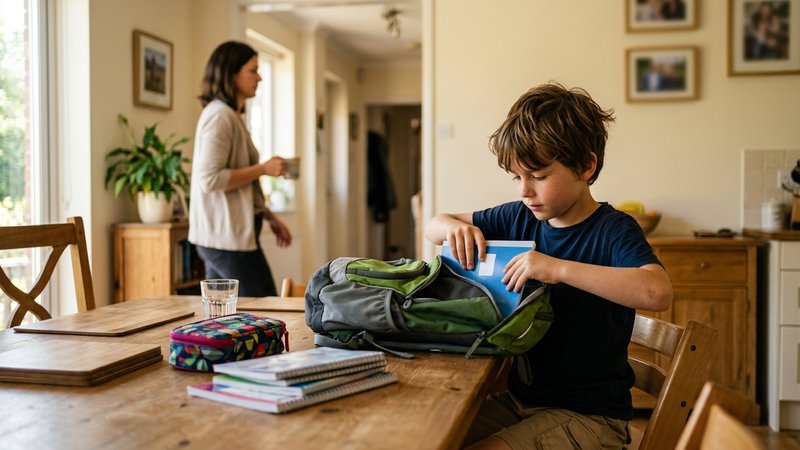 Un niño de nueve años preparando su mochila escolar sobre la mesa del comedor, colocando cuadernos y un estuche con auto
