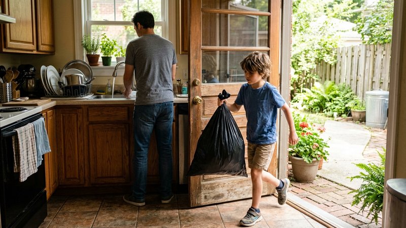 Un niño de nueve años sacando la bolsa de basura por la puerta de la cocina, con gesto natural y rutinario, mientras su