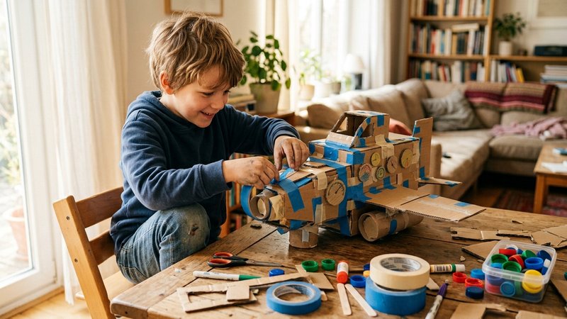 Un niño de ocho años construyendo un artefacto imaginario con cartón, tapones y cinta adhesiva sobre la mesa del salón,