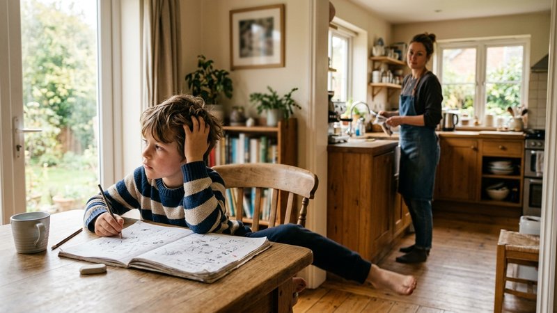 Un niño de unos ocho años removiéndose inquieto en la silla de la mesa del comedor, con el cuaderno abierto y la mirada