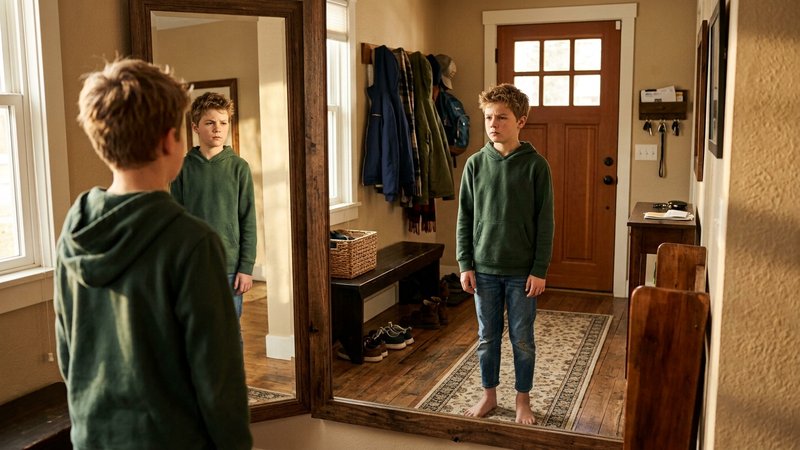 Un niño de once años de pie frente al espejo del recibidor de casa, observándose con curiosidad y expresión seria