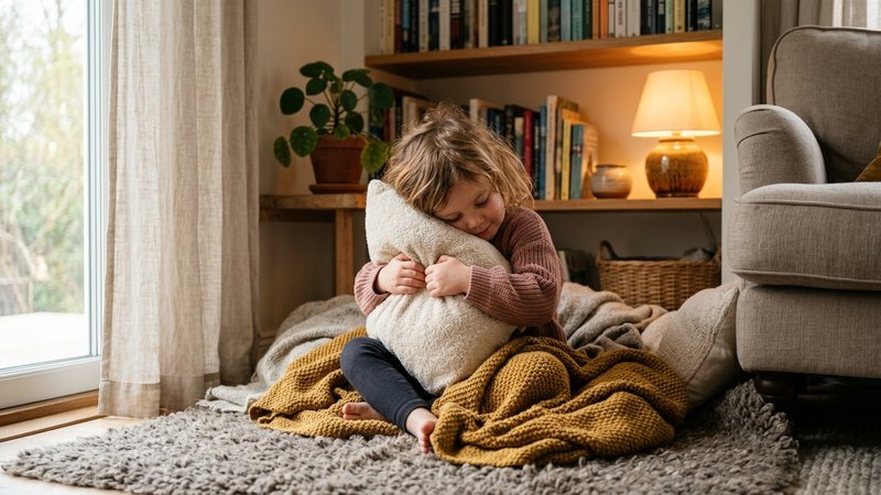Un niño pequeño abrazando con fuerza un cojín mullido contra su pecho, sentado en un rincón acogedor del salón con una m