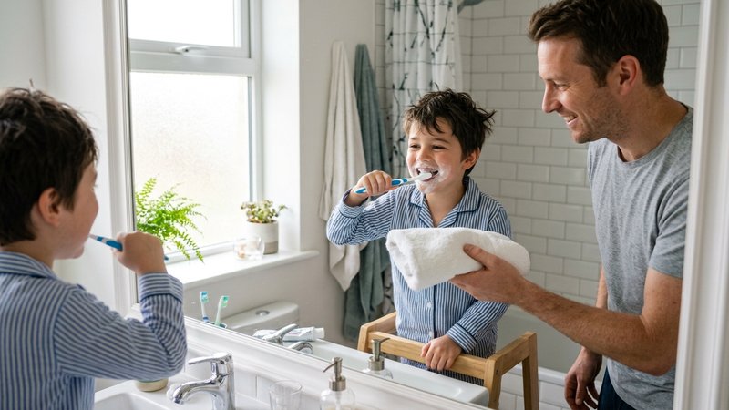 Un niño pequeño cepillándose los dientes frente al espejo del baño, con espuma en la boca y una sonrisa, mientras su pad