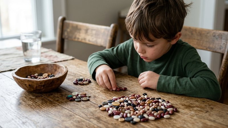 Un niño pequeño contando frijoles y botones agrupados sobre la mesa del comedor, moviéndolos con los dedos en montoncito