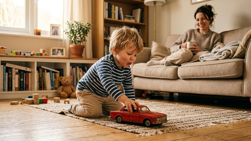Un niño pequeño empujando un cochecito de juguete rojo por el suelo del salón con la boca vibrando como un motor, muy me