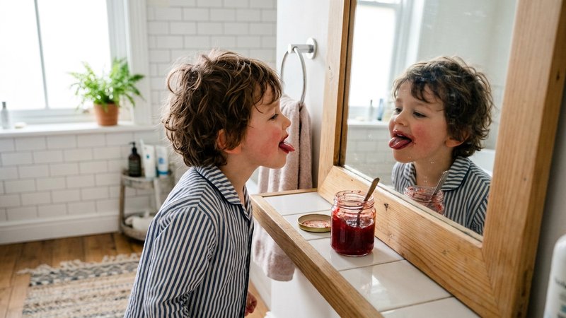 Un niño pequeño frente al espejo limpiándose con la lengua un resto de mermelada del labio superior, concentrado y diver