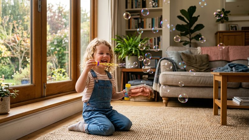 Un niño pequeño haciendo pompas de jabón con un pompero en el salón junto a la ventana, con varias burbujas flotando ilu