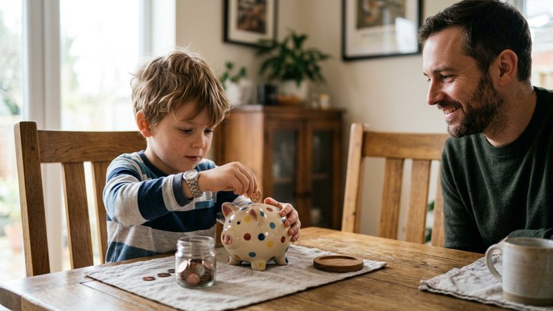 Un niño pequeño metiendo monedas en una hucha de cerámica sobre la mesa del comedor, muy concentrado, mientras su padre