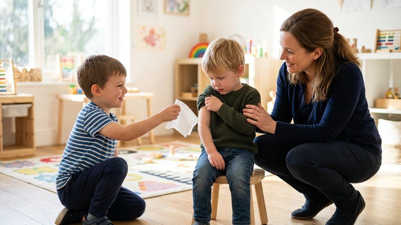 Un niño pequeño ofreciendo un pañuelo de papel a otro niño que se frota el brazo, con gesto de reparación tímida, mientr