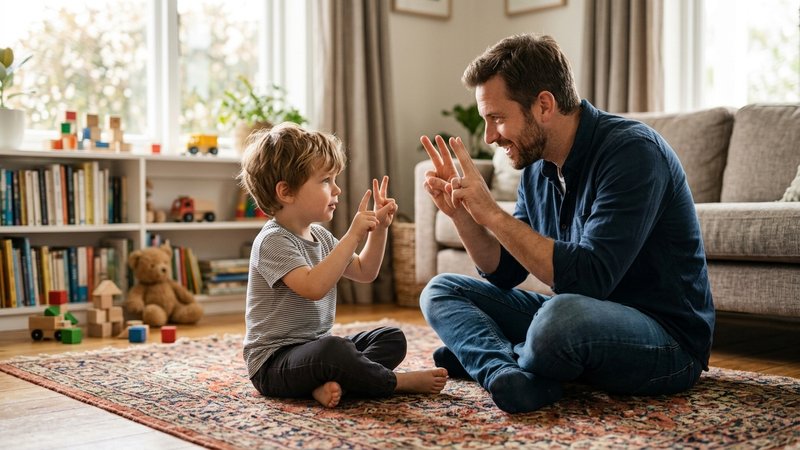 Un niño pequeño y su padre frente a frente en la alfombra, el padre haciendo un gesto con las manos y el niño imitándolo