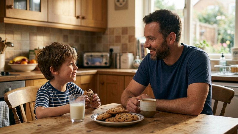 Un niño pequeño y su padre merendando en la cocina, con un vaso de leche y galletas sobre la mesa, en un momento tranqui