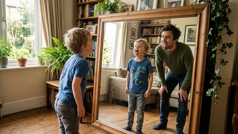 Un niño pequeño de pie frente a un espejo del salón, sacando la lengua y moviéndola hacia arriba mientras observa su pro