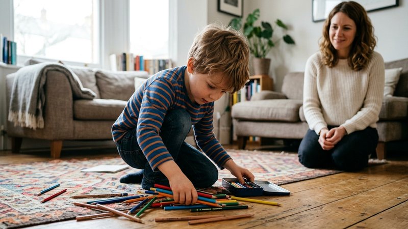Un niño pequeño recogiendo del suelo del salón unos lápices de colores que había tirado, agachado y concentrado, mientra
