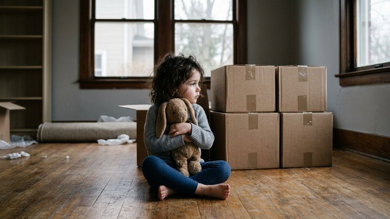Un niño pequeño sentado solo en el suelo del salón junto a varias cajas de mudanza cerradas, abrazando un peluche y mira
