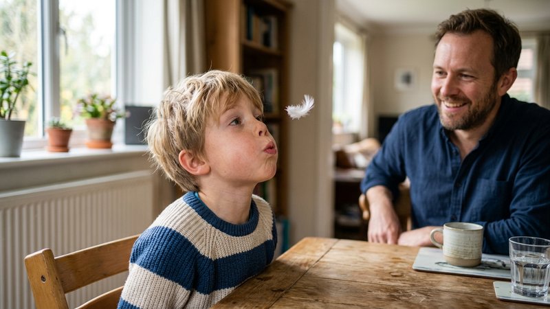Un niño pequeño soplando con los labios fruncidos hacia una pluma que flota en el aire, sentado a la mesa del comedor, m