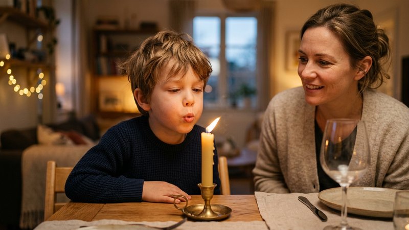 Un niño pequeño soplando suavemente hacia la llama de una vela colocada sobre la mesa del comedor, sin apagarla, mientra
