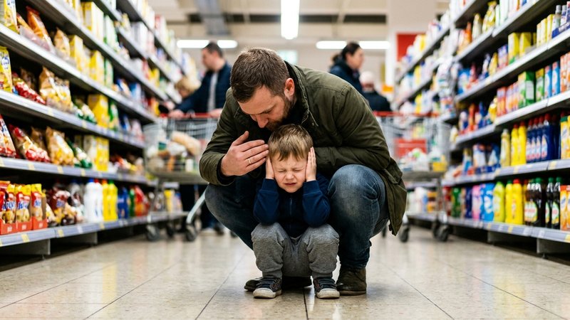 Un niño pequeño tapándose los oídos con las dos manos y cerrando los ojos con fuerza en el pasillo de un supermercado lu
