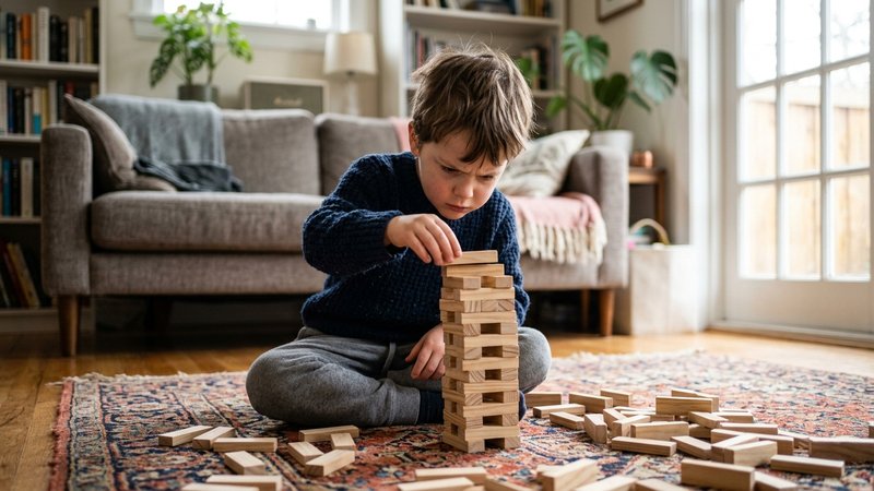 Un niño pequeño totalmente absorto colocando piezas de madera una sobre otra en el suelo del salón, con el ceño concentr