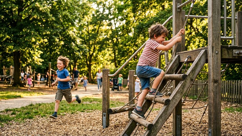 Un niño pequeño trepando por una estructura de juegos en el parque y otro corriendo al fondo, ambos llenos de energía ba