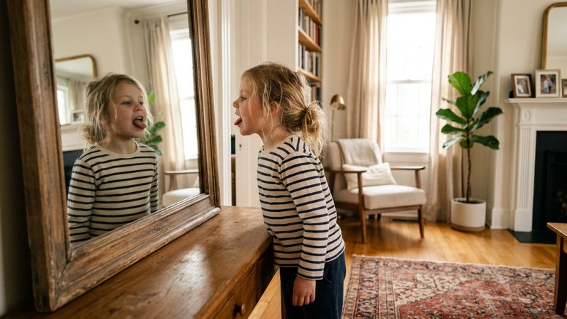 Un niño de pie frente a un espejo del salón con la boca muy abierta, tocando con la lengua la zona detrás de los dientes