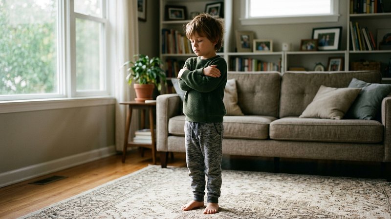 Un niño de pie en el salón con los brazos cruzados sobre el pecho y la cabeza ligeramente inclinada, quieto y con los oj
