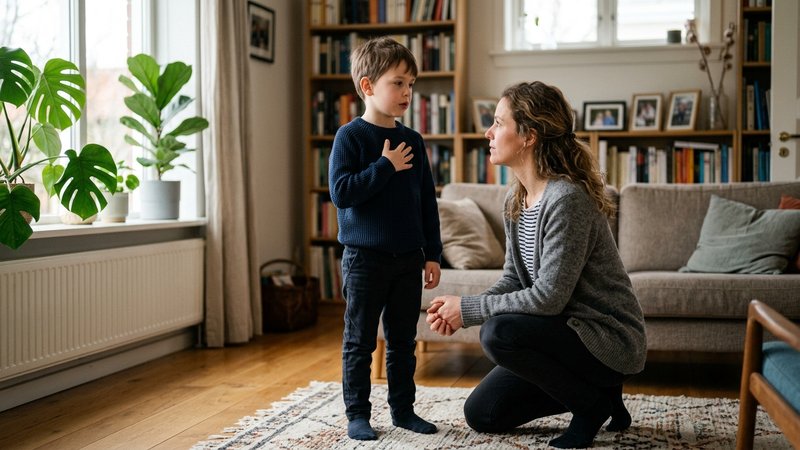 Un niño de pie en el salón con la mano en el pecho, diciendo con calma que está molesto, mientras su madre lo escucha ag