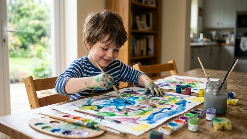 Un niño pintando con acuarelas sobre un papel grande en la mesa del comedor, absorto y feliz, con los pinceles y los bot
