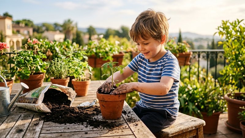 Un niño plantando una pequeña planta en una maceta de barro sobre la mesa de la terraza, con tierra en las manos y expre