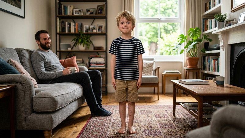 Un niño quieto como una estatua en medio del salón, con los brazos pegados al cuerpo y los ojos muy abiertos, conteniend