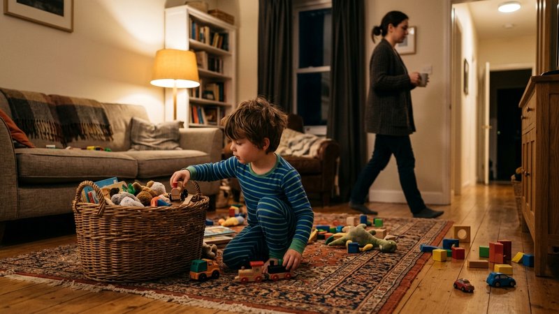 Un niño recogiendo sus juguetes del suelo del salón y guardándolos en una cesta de mimbre antes de la hora de dormir, co